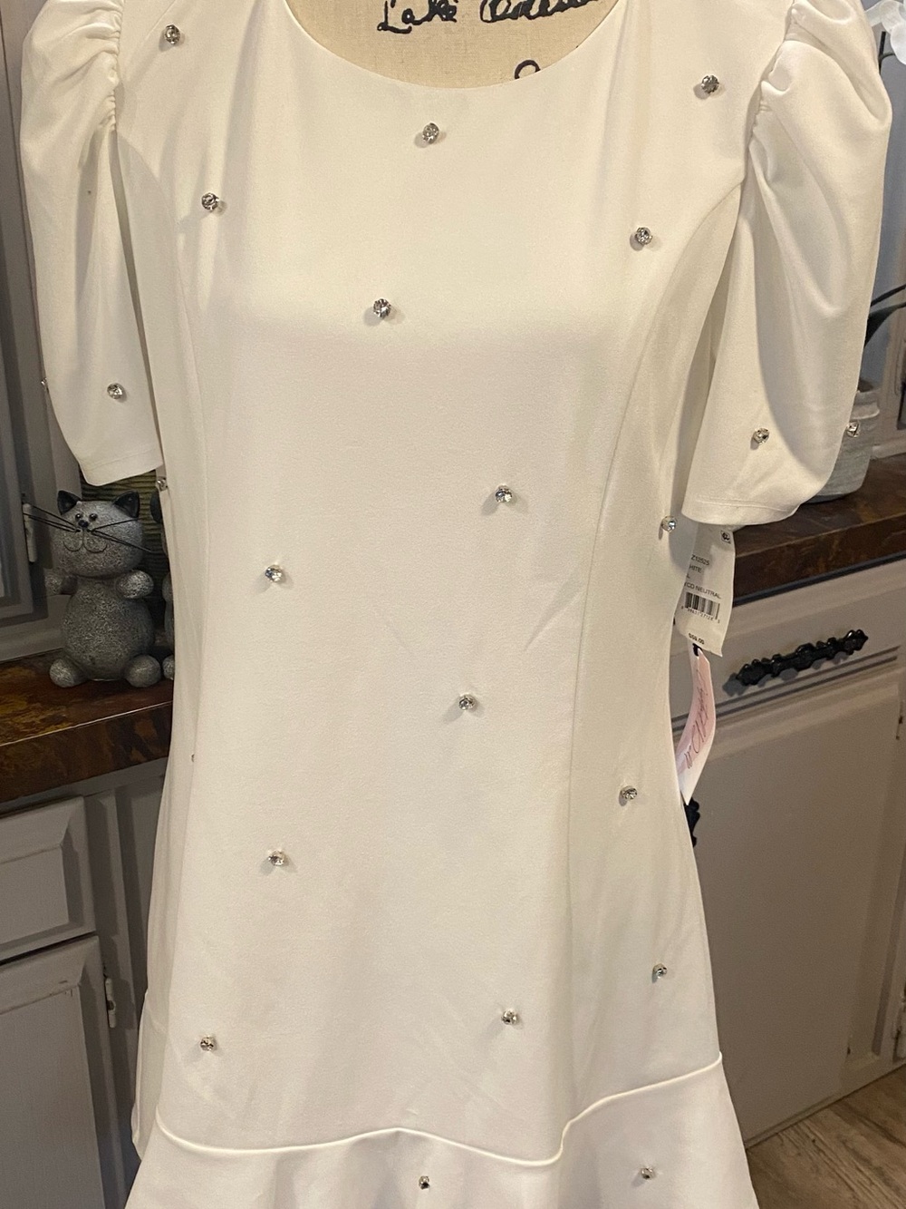 NWT Crystal Doll White Mini Dress with Puff Sleeves and Rhinestones Accents - Picture 2 of 11